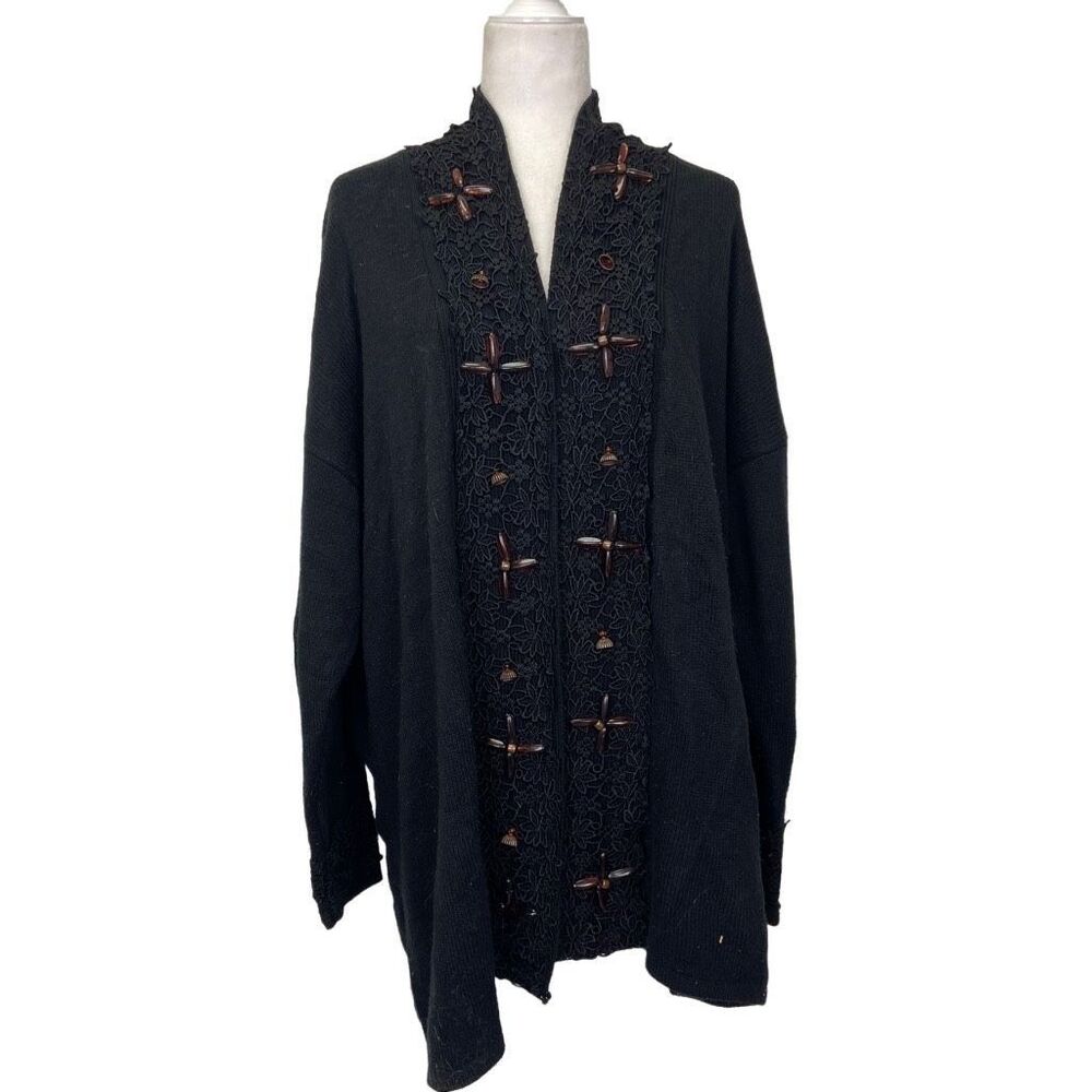 Vintage Cervelle Embellished Long Cardigan Sweater Size XL Lace Trim 80s 90s